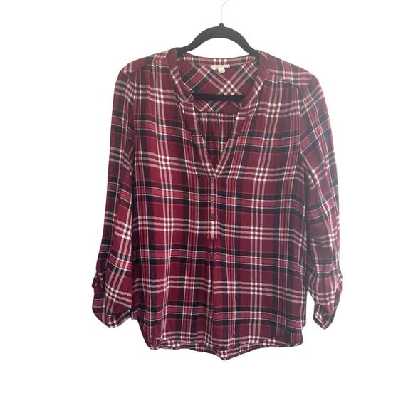 Soft Joie Plaid Long Tan Sleeve Button Popover Top Womens Medium Burgundy #5325 - Picture 1 of 11